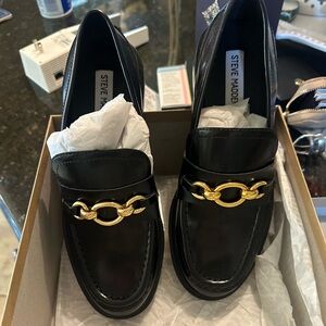 Brand New Steve Madden Black Loafers with Gold Accent
